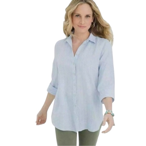 Chico's Tops - Chico’s No Iron Linen Blue Long Tab Sleeve Button Front Shirt Women’s Medium